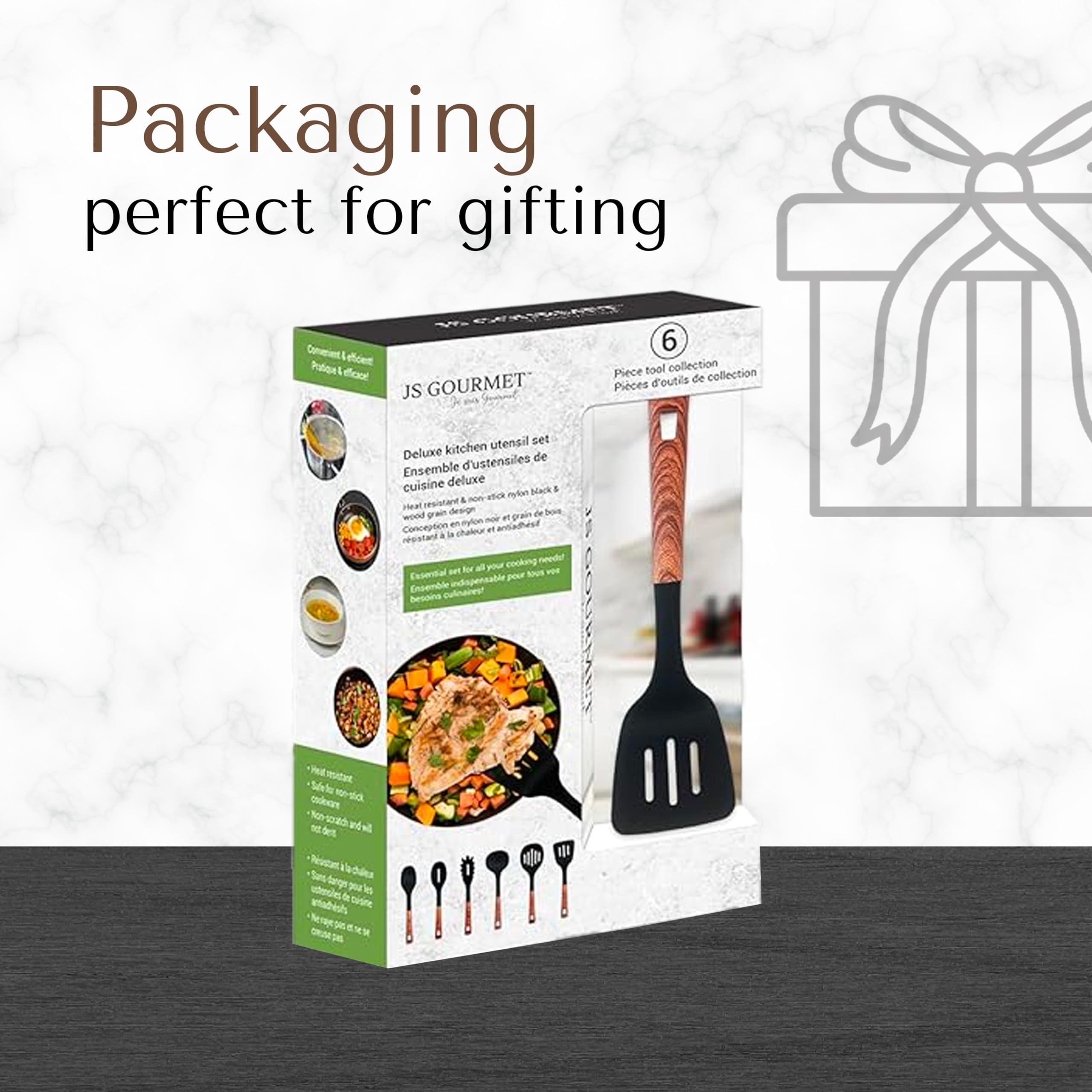 JS Gourmet Juego de 6 utensilios de cocina, resistentes al calor, antiarañazos, juego de cucharas de cocina de nailon para utensilios de cocina antiadherentes, con asas ergonómicas y suaves al tacto