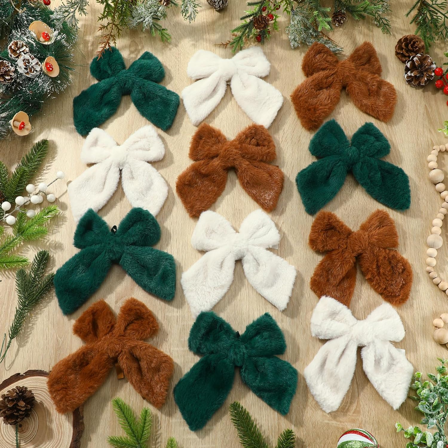 XunYee 12 Pcs 6.4 Inch Fur Large Retro Velvet Christmas Tree Bows Furry Plush Bows Hanging Ornament Crafts for Xmas Tree Fireplace Wreaths Indoor Outdoor Door Home Decor Mixed Colors