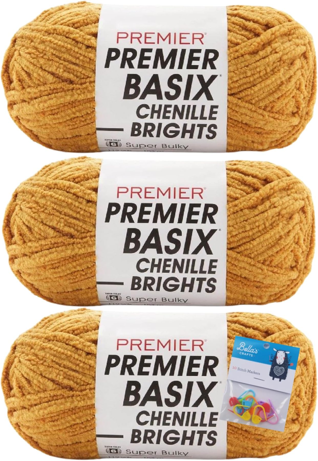 Premier Yarns Basix Chenille Brights Yarn 5.3 Oz Each Skein 6 Super Bulky Chunky Weight 3 Pack Bundle with Bella's Crafts Stitch Markers (Mustard)