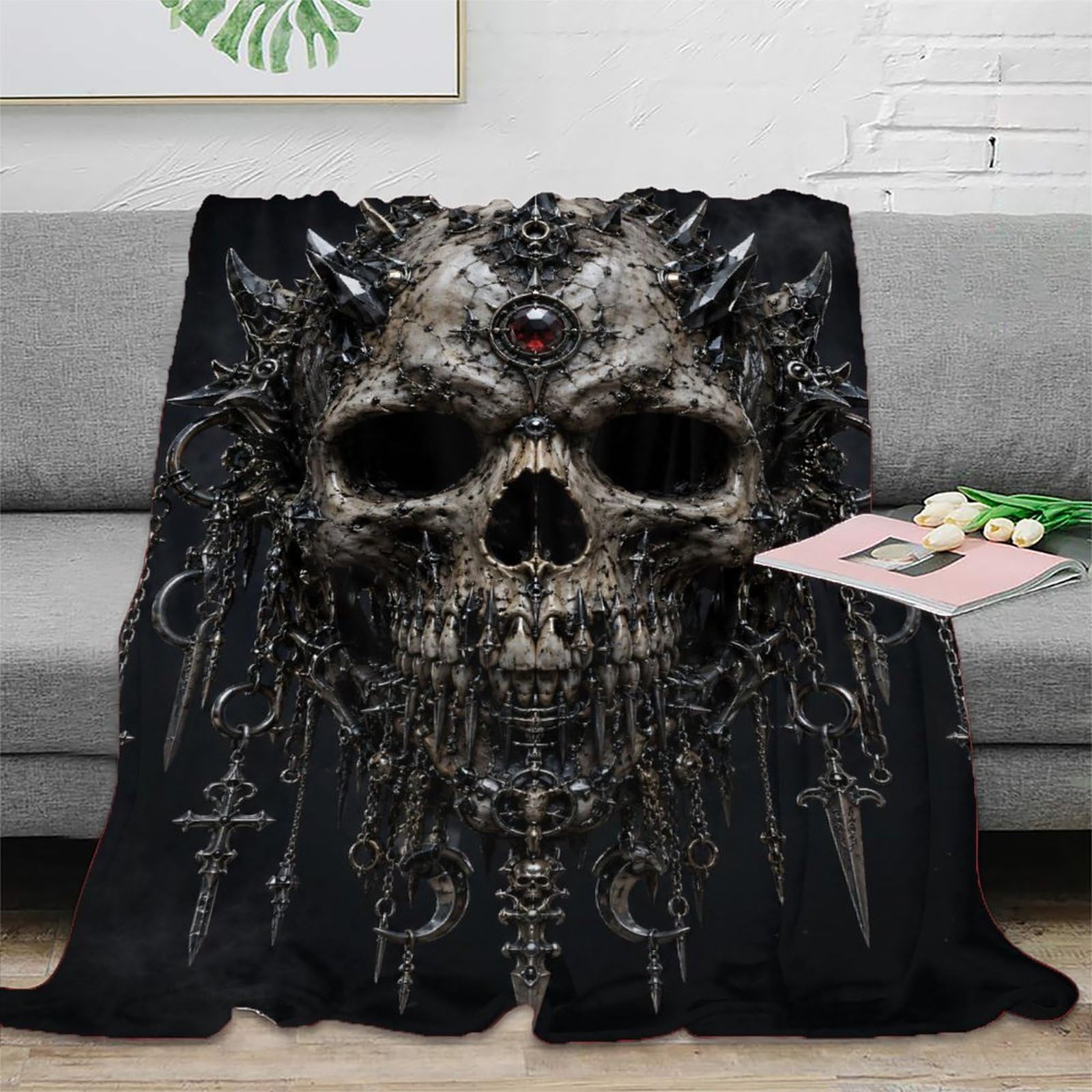W7C8U2X3 Ornate Punk Metal Skull Throw Blanket, Flannel, Gothic Fantasy Art
