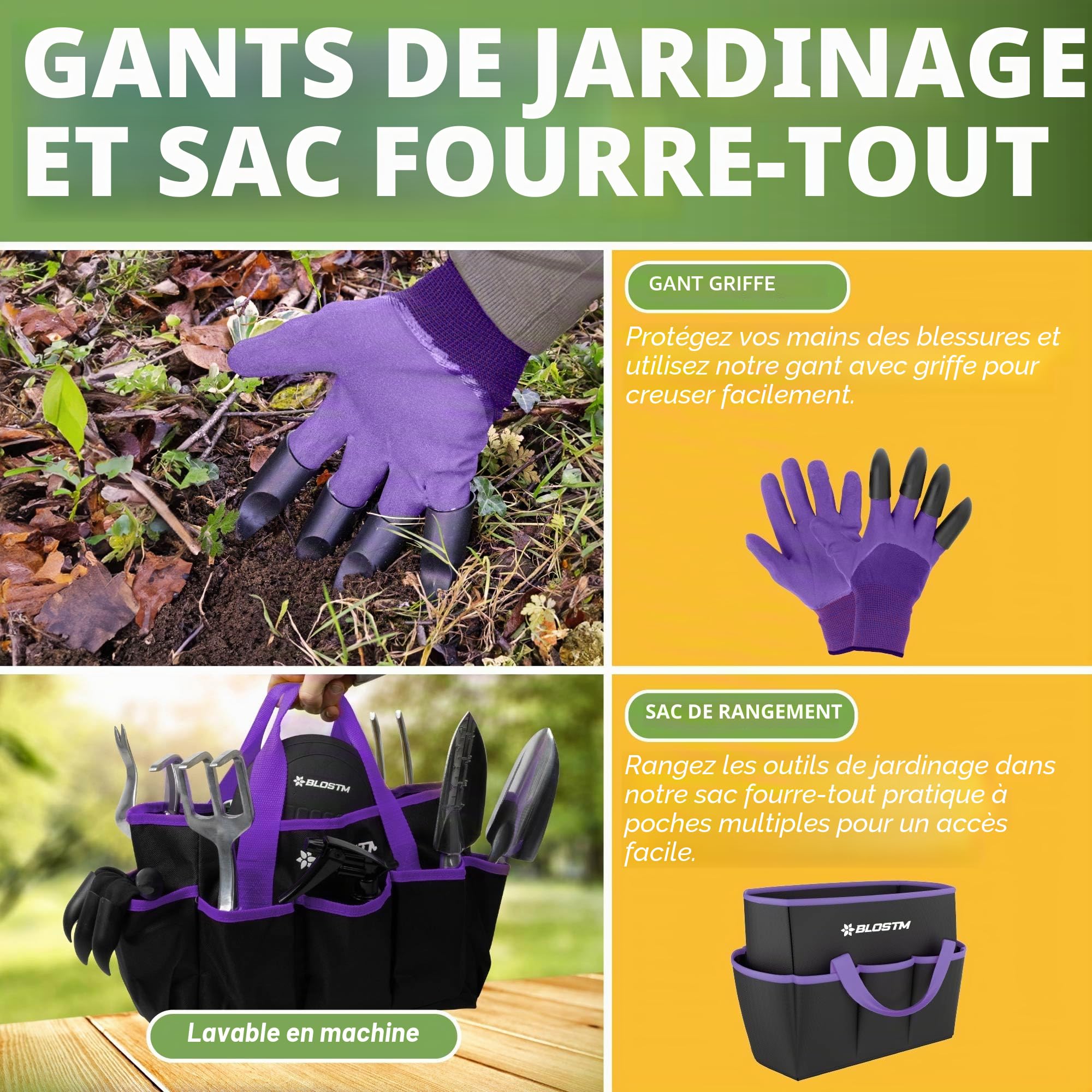 BLOSTM Ensemble d'outils de jardinage 11 pièces – Kit d'outils de jardin robustes avec sac fourre-tout imperméable – Truelle de jardin antirouille avec poignées ergonomiques – Cadeaux de jardinage