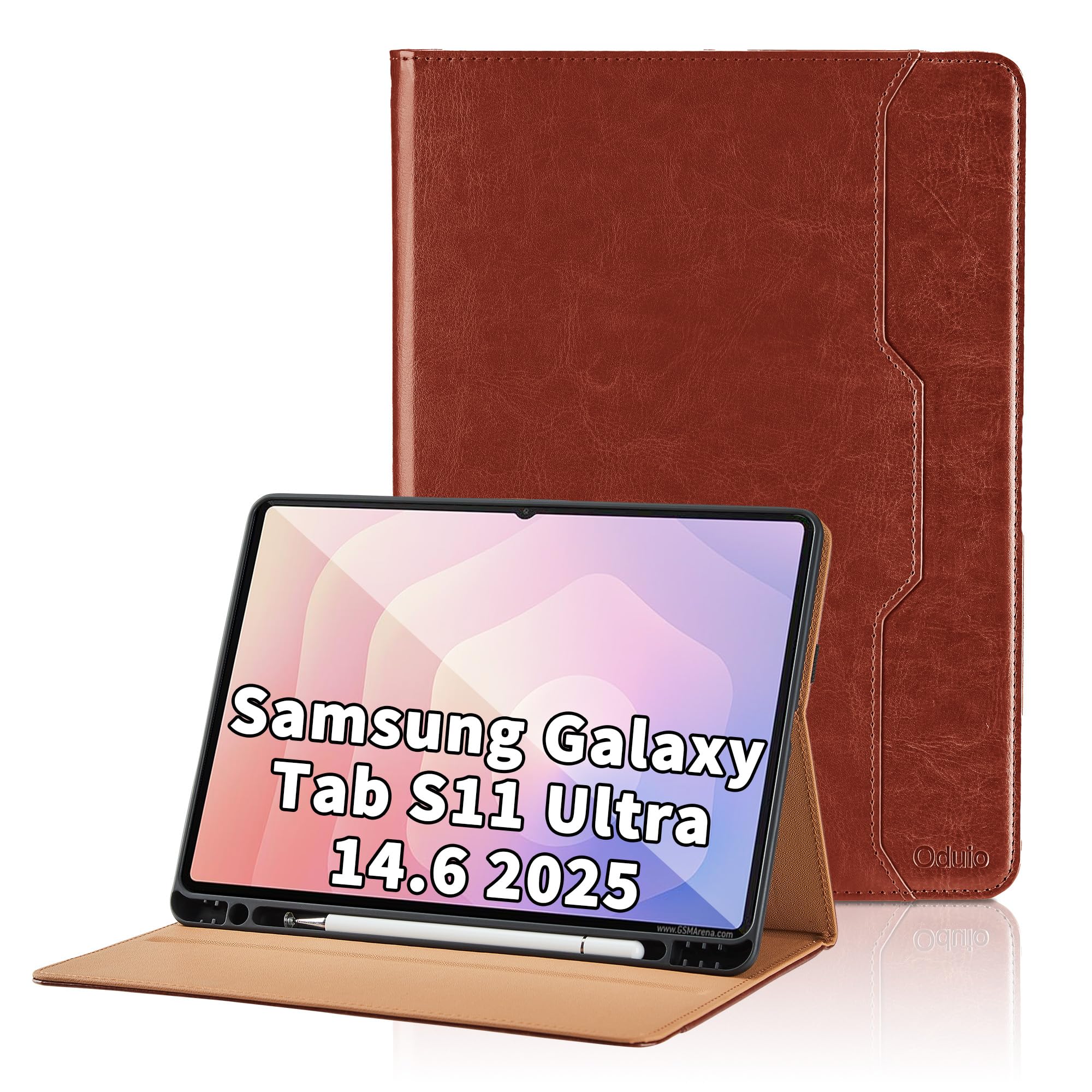 Funda para Samsung Galaxy Tab S11 Ultra 14.6 Pulgadas 2025 SM-X930/SM-X936B/SM-X936N PU Leather Ángulos Ajustables Tablet Case Incorporado para S Pen con Bolsillo y Supporto Funzione - Marrón