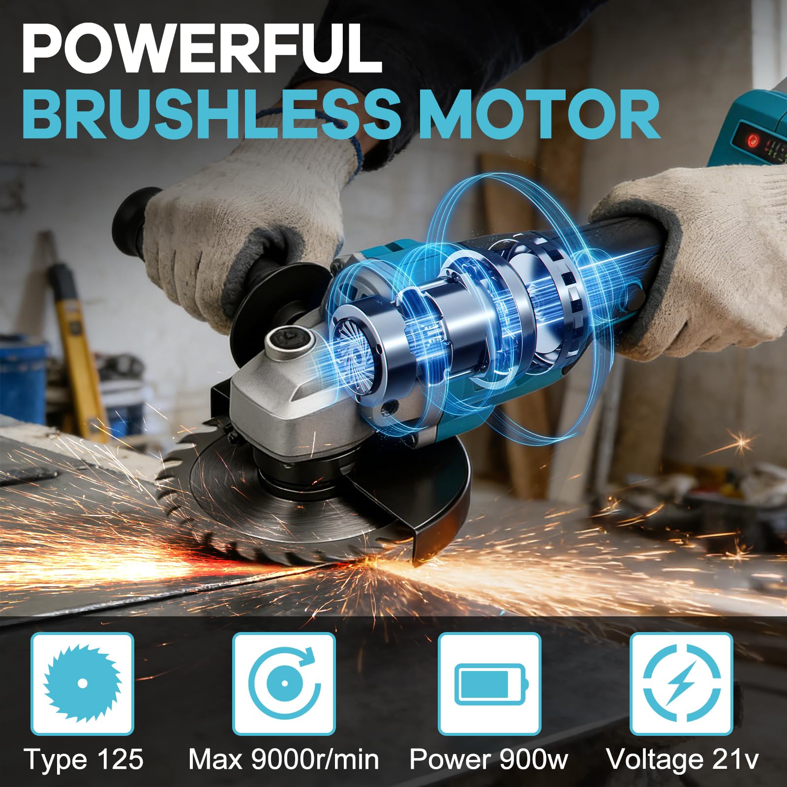 125mm Amoladora angular inalámbrica compatible con Makita 18V batería (sin bateríe), 900 W, 9000 rpm, amoladora angular sin escobillas con 3 velocidades, 12 discos, mango adicional y caja de plástico