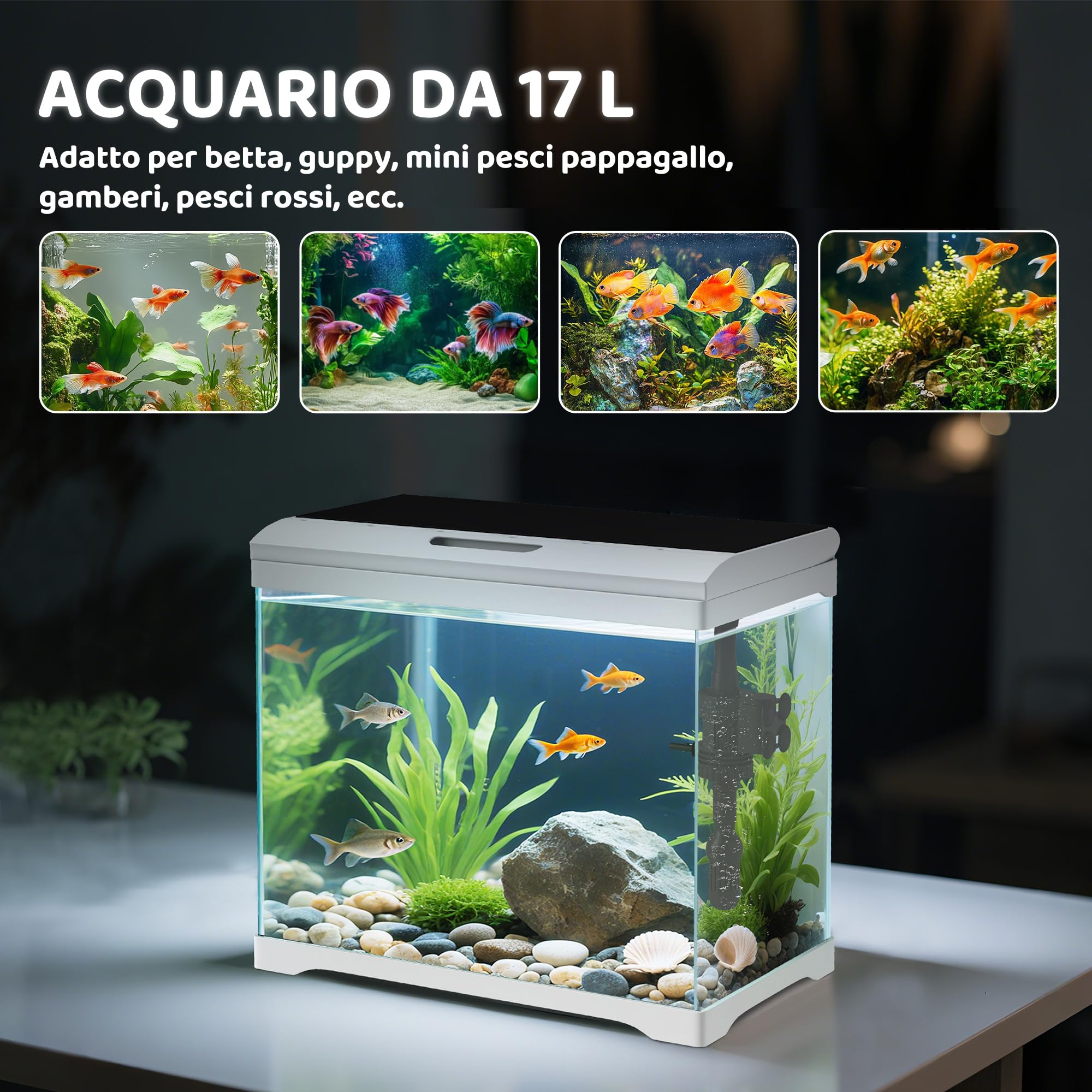 PawHut Acquario in Vetro 17L per Pesci Rossi con Illuminazione LED, Acquario Completo con Pompa d'Acqua e Sistema di Filtraggio, Vaschetta per Pesci Acqua Tropicali 35x21x31 cm Bianco