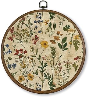 Qskjre Boho Flower Wall Art Decor, Vintage Botanical Floral Round Wood Framed Canvas Wall Artwork, Neutral Cottagecore Wildflower Hanging Prints for Living Room Nursery Bedroom Decorations 10"x10"
