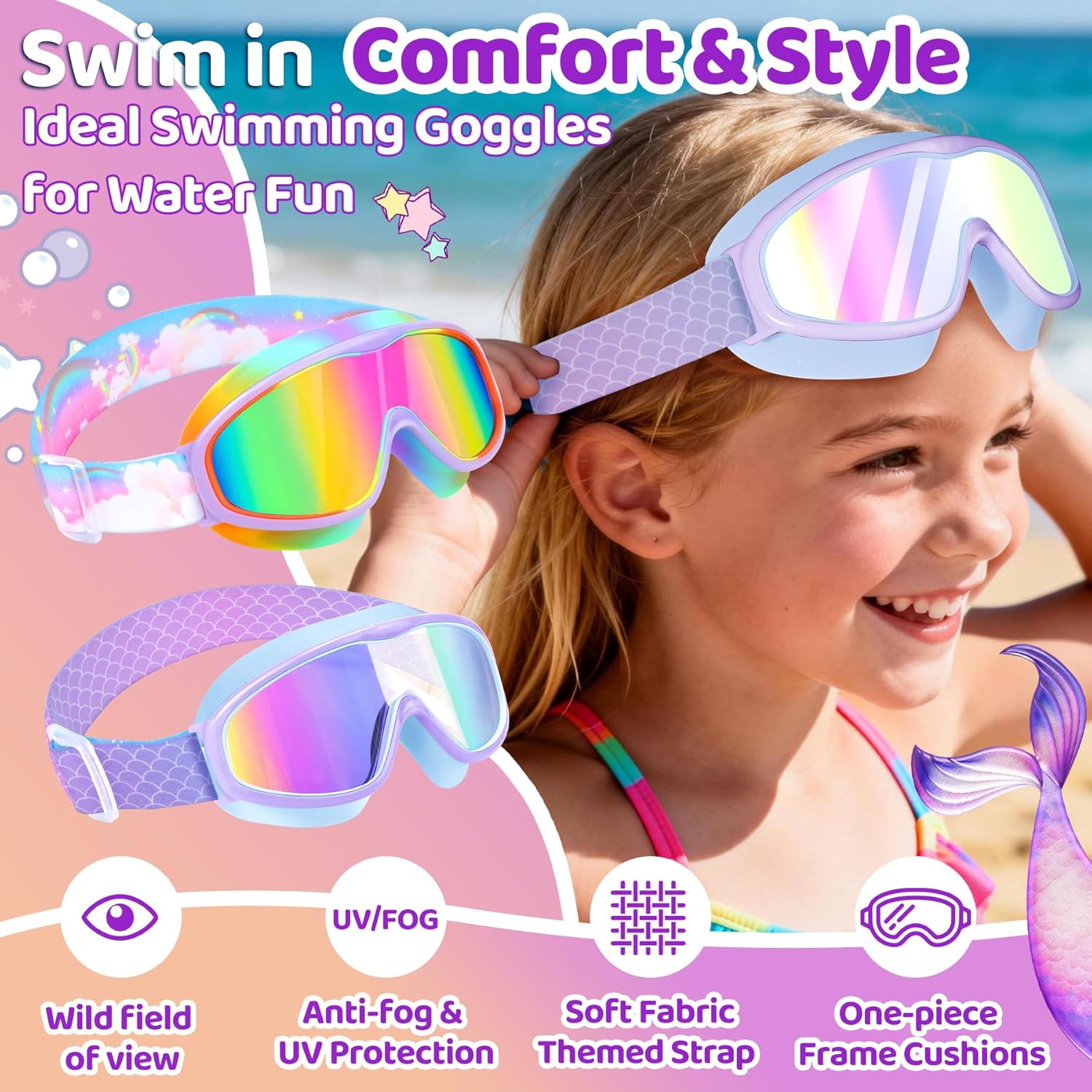 Vvinca Kids Swim Goggles 2 Pack, Cartoon Comfort Fabric Strap No Hair Pulling Anti-Fog/UV Swimming Goggles for 3-12