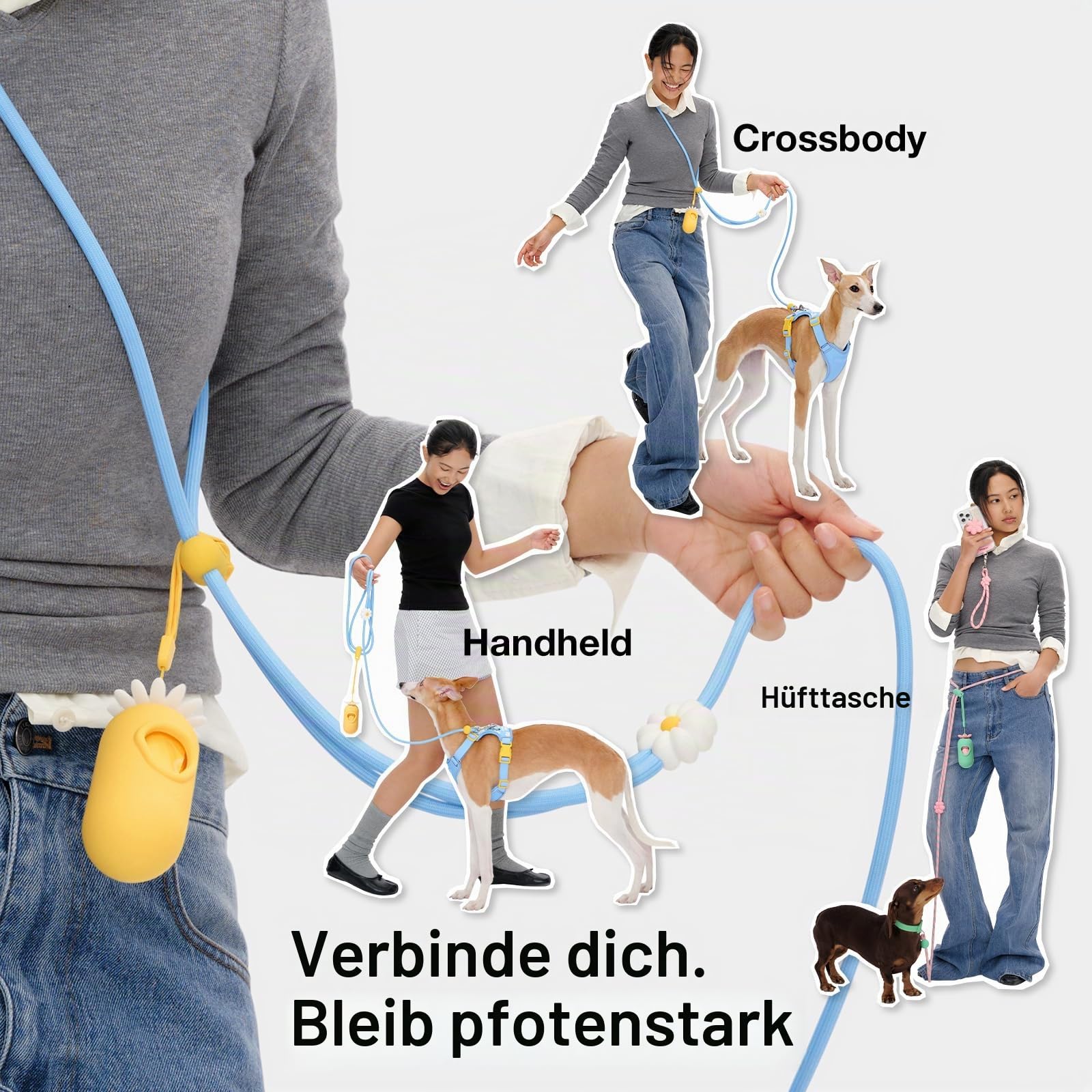 VETRESKA Freihand-Hundeleine, 1,5 m, verstellbare Seilleine für kleine, mittelgroße Hunde, multifunktionale Leine zum Spazierengehen, kein Ziehen, mit Beutelspender, 2-in-1-Spaziergang-Set (Daisy)