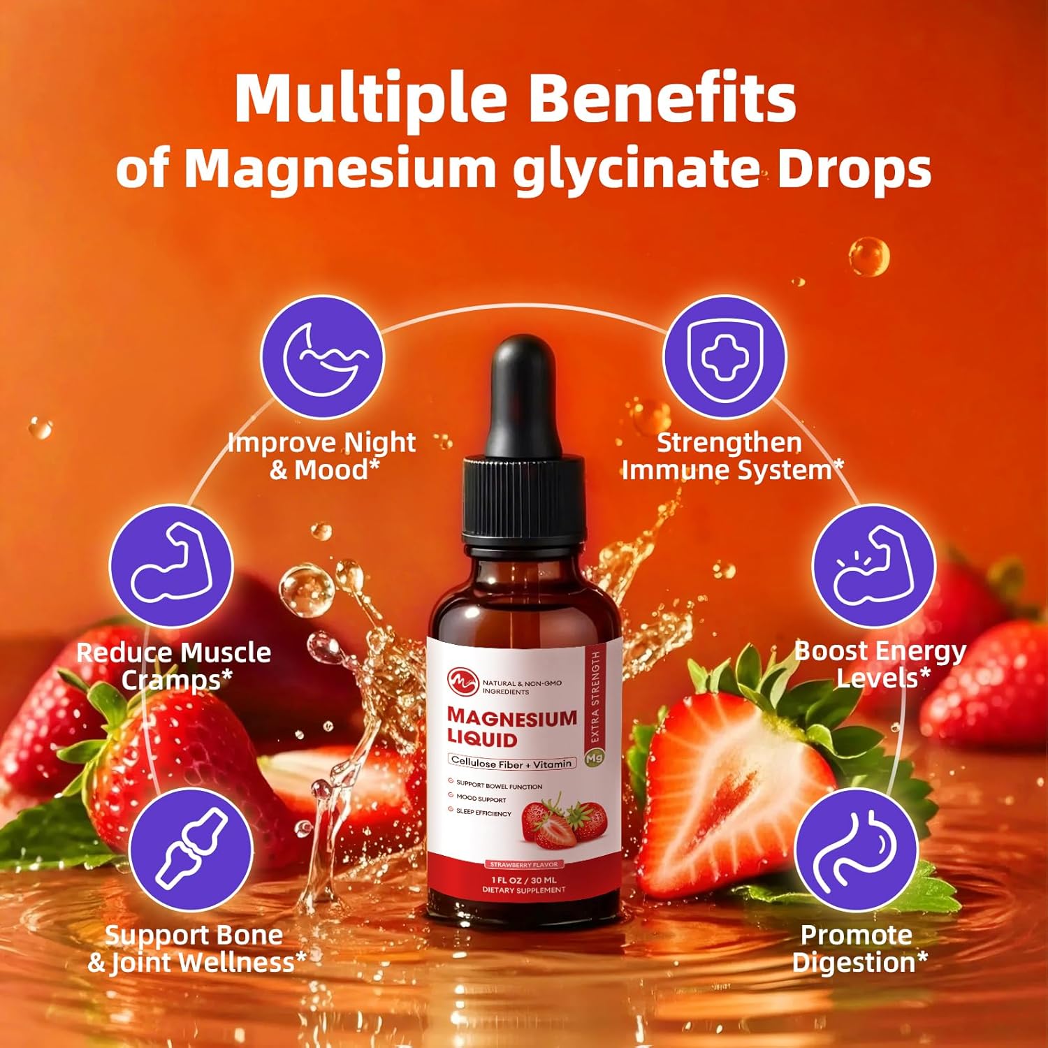 M inch Magnesium Glycinate Liquid, High Absorption Magnesium Liquid Drops with Cellulose Fiber, Bromelain, Vitamin B6, C, D, Zinc, Magnesium Supplement for Kids and Adults, Strawberry Flavor, 2 Pack - Image 4
