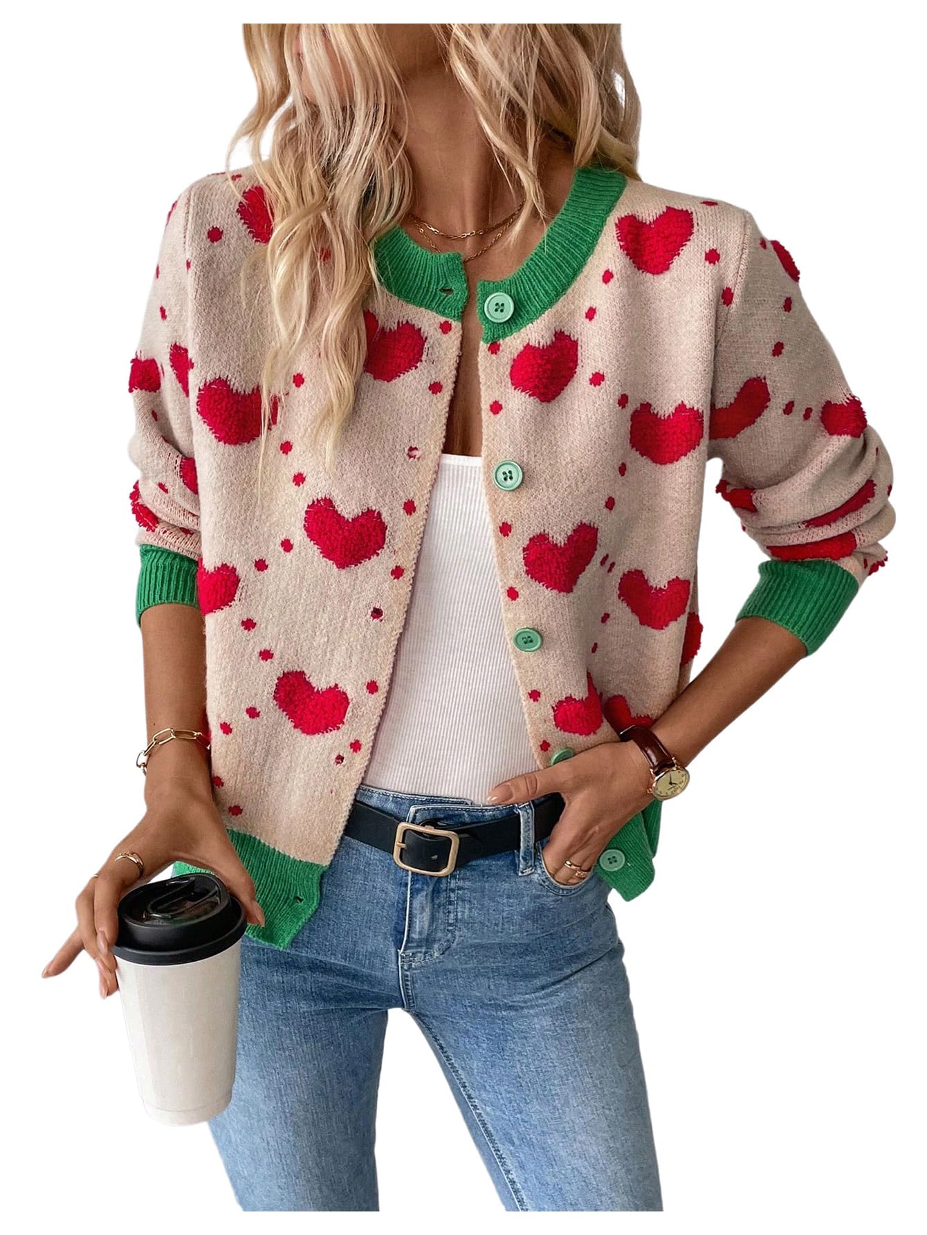 GORGLITTER Womens Heart Long Sleeve Button Down Cardigan Sweater Fall Trendy Dressy Color Block Knit Short Cardigans