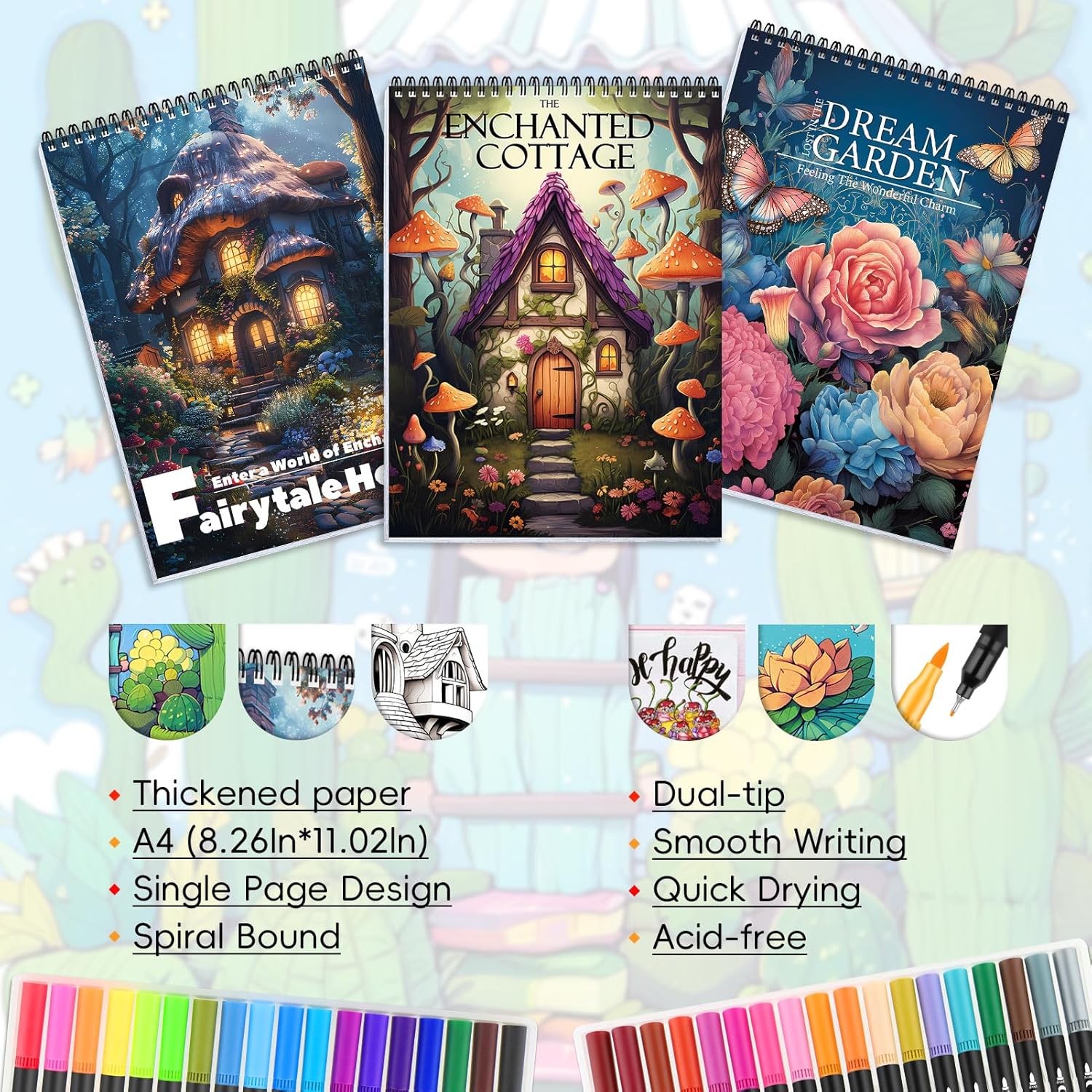 4Pcs Adult Coloring Book for Women Relaxation, 36 Colors Markers with Spiral Bound Adult Coloring Book for Women