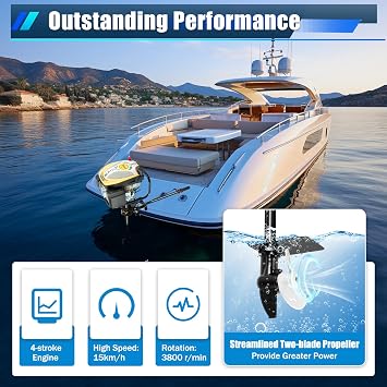 4 Stroke 9HP Outboard Motor, 225CC Heavy Duty Long Shaft Fishing Boat Engine Marine Engine w/Air Cooling&TCI Ignition, Gas Powered Outboard Boat Motor for Fishing, Aquaculture, Outdoor Adventure