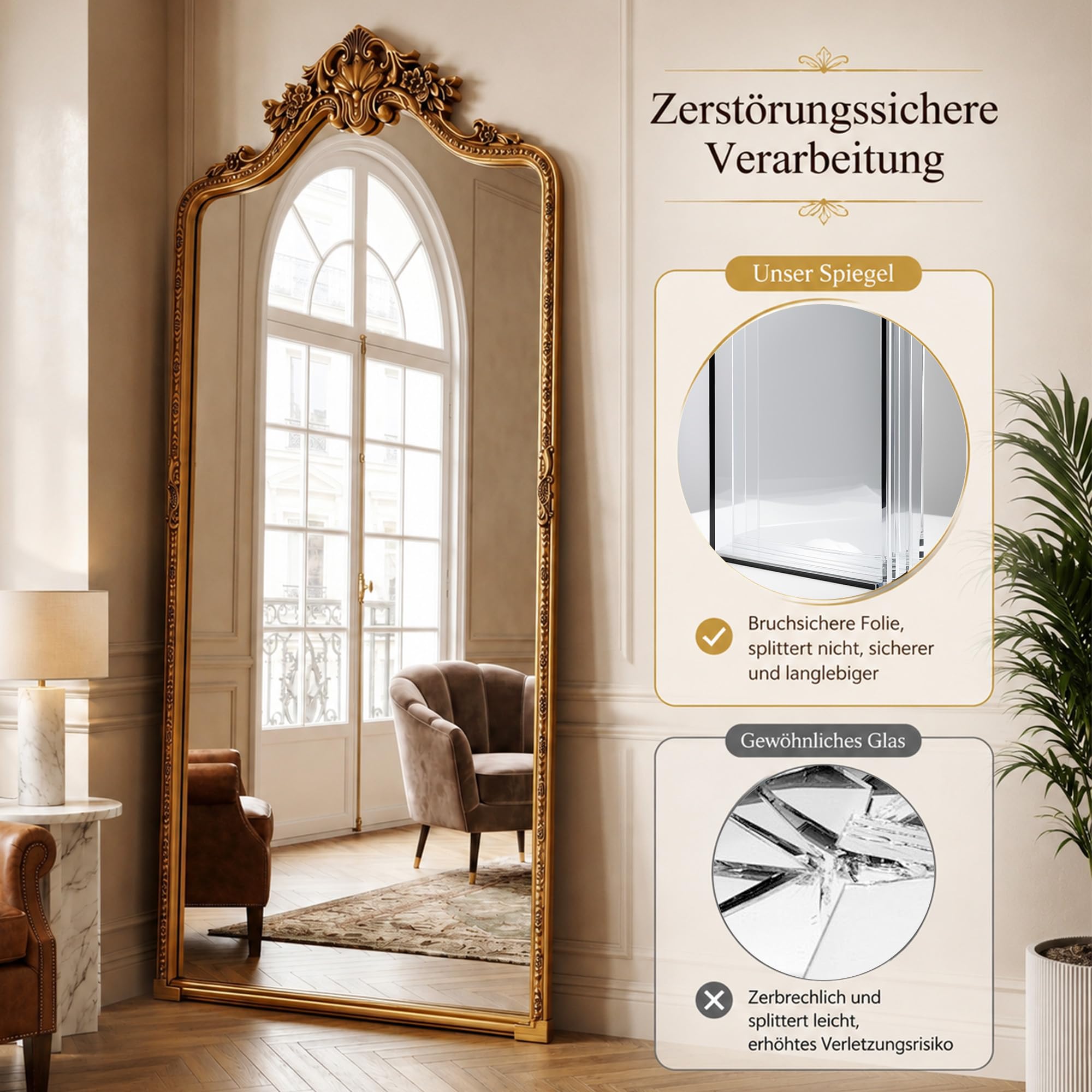 BEAUTYPEAK 175x70 cm Retro-Ganzkörperspiegel mit Geprägter Verzierung an der Oberseite, Groß Standspiegel Geeignet zur Dekoration von Wohnzimmern, Gold