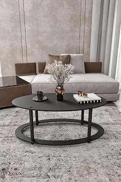 Oval 2 Katlı Ahşap Orta Sehpa Modern Oturma Odası ve Salon İçin Dekoratif Şık Tasarım Kullanışlı Dayanıklı Orta Masa (Siyah)