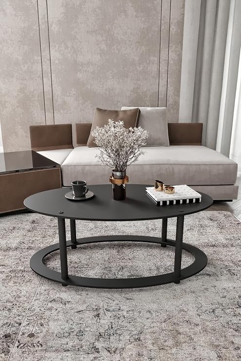 Oval 2 Katlı Ahşap Orta Sehpa Modern Oturma Odası ve Salon İçin Dekoratif Şık Tasarım Kullanışlı Dayanıklı Orta Masa (Siyah)