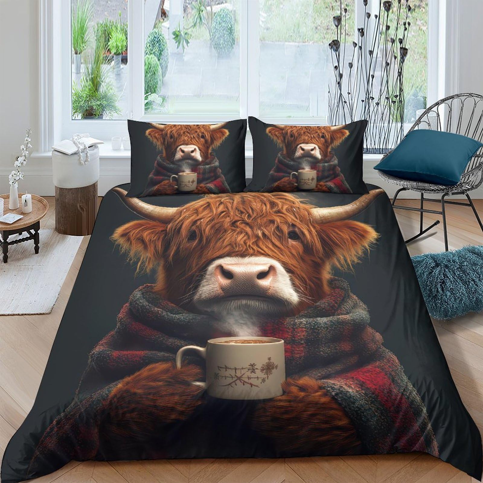 Ctjqhvkz Style-1 3D Printed Cozy Highland Cow Fitted Sheet Microfiber Soft Plaid Mug Bed Cover For Bedroom Dorm Mattress Decor Single（135X200cm）