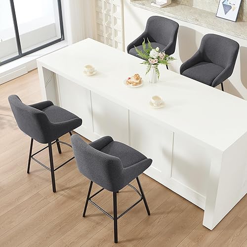 Miniatura 9 de Juego de 4 taburetes de bar giratorios tapizados de 26 pulgadas de altura de mostrador con respaldo y patas de metal, sillas de bar modernas,
