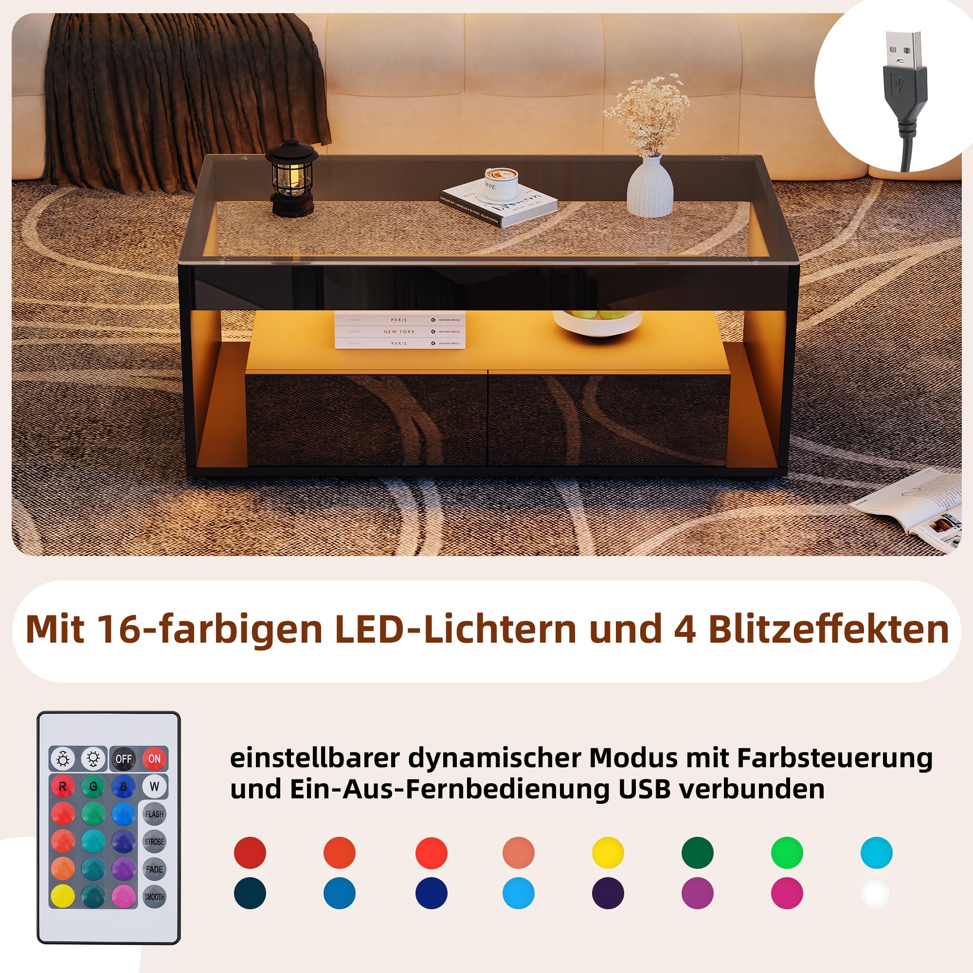 Merax Couchtisch in Hochglanz Schwarz, Moderner Wohnzimmertisch mit LED Beleuchtung, Kaffeetisch mit 2 Schubladen, Glastischplatte, Sofatisch Beistelltisch Teetisch, Rechteckiger Mitteltisch für Büro