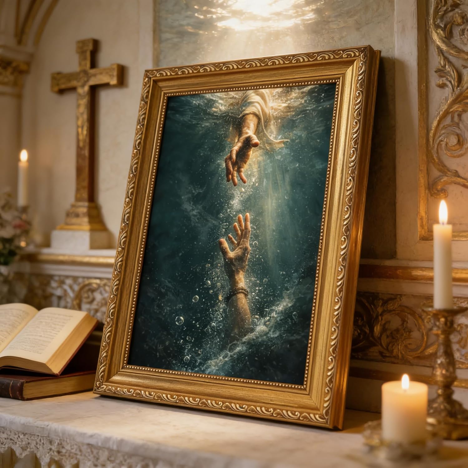Vintage Gold Framed The Hand of God Wall Art Jesus Reaching Into Water Wall Decor Biblical Picture Christian Canvas Prints Religious Painting for Living Room Bedroom Church