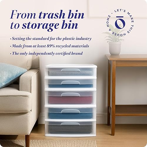 Miniatura 8 de HOMZ Torre de cajón, carrito organizador de almacenamiento de plástico transparente extra ancho de 5 niveles, marco blanco, contenedores