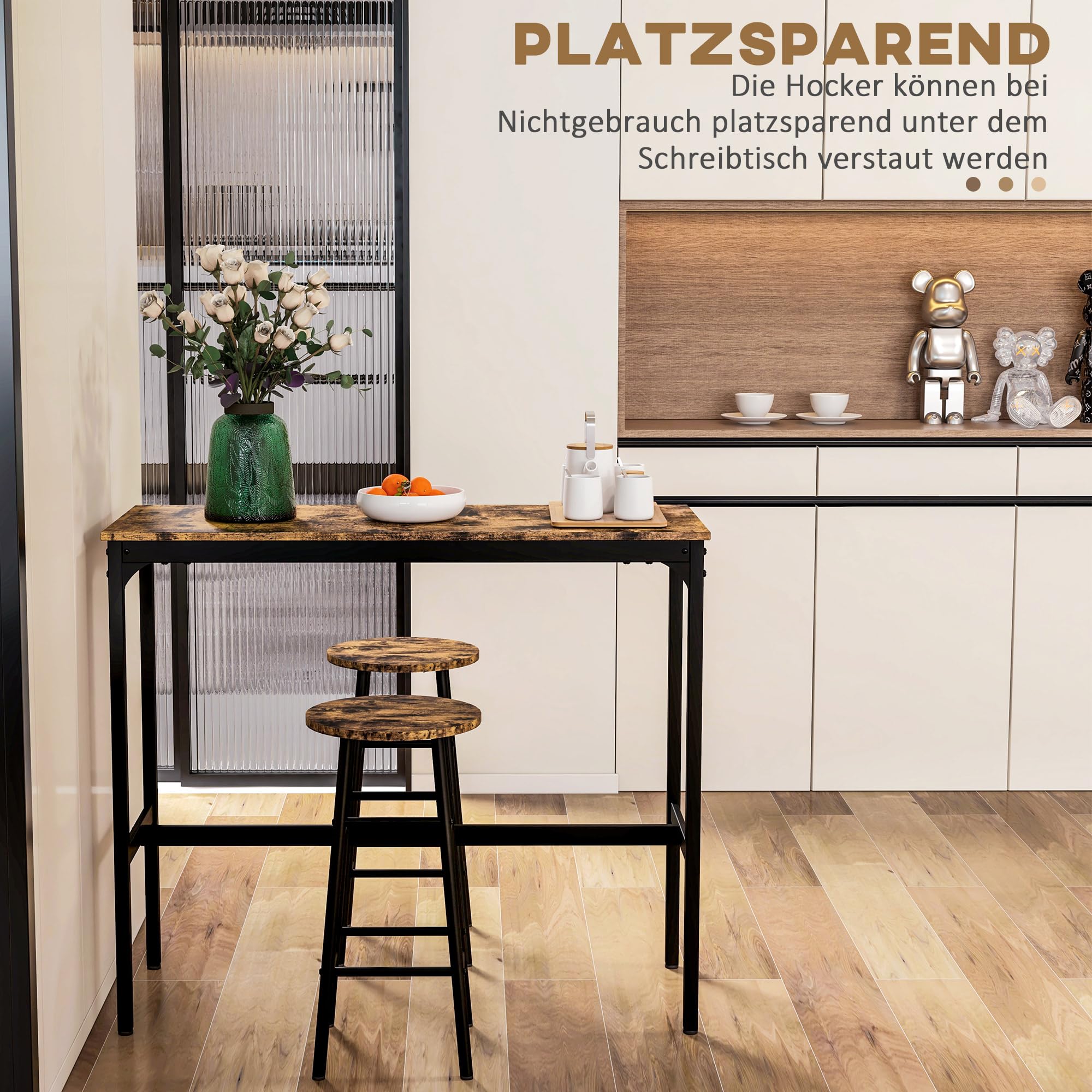 HOMCOM Bartisch Set Bartisch mit Barhocker Set für 2 Personen Esstisch mit 2 Barhocker mit Fußstützen, Küchentisch im Industrie-Design für Esszimmer, Küche, Rustikal-Braun