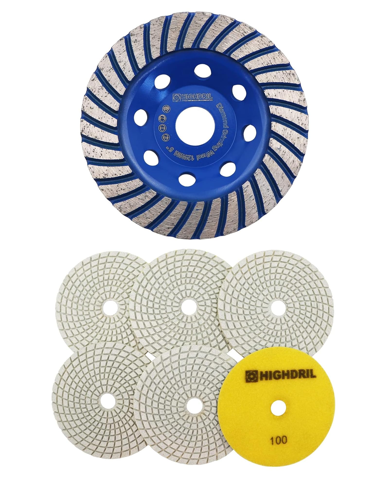 HIGHDRIL Mola a Tazza Diamantata 125 mm e HIGHDRIL Tamponi Diamantati 125mm