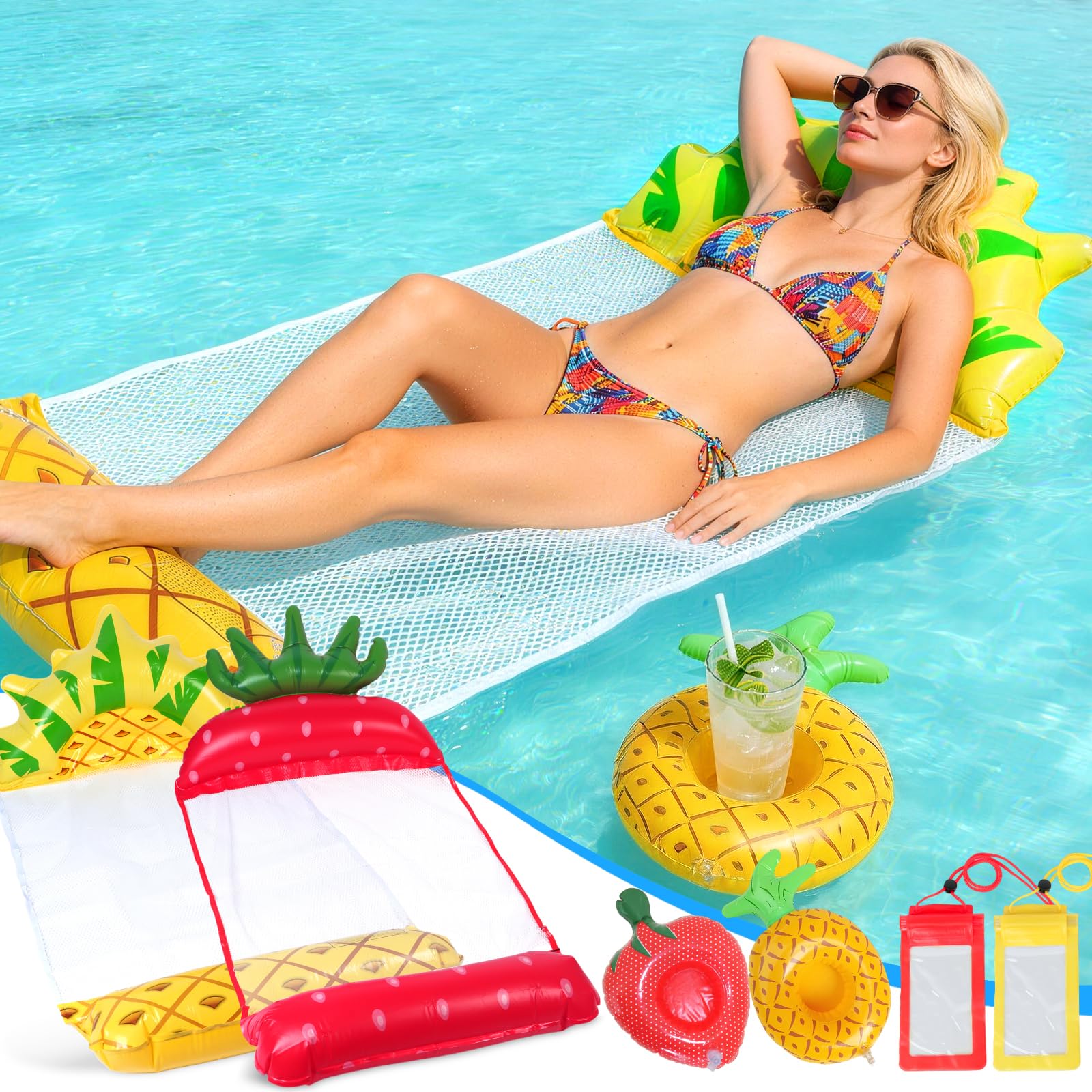 2 Pack Pool Float Hammock Set, Inflatable Water Floats with Cup Holders & Waterproof Phone Pouches, Pineapple Strawberry Inflatable Hammock, Lounger for Adults Summer Pool Party Beach Water Fun