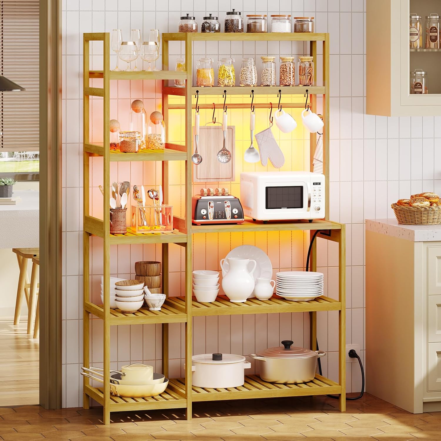 Bakers Rack with Power Outlet, Coffee Bar, 10-Tier Kitchen Shelves with 8 Hooks, Microwave Stand Kitchen Rack Freestanding Utility Storage Shelf, 15.7 x 41 x 65 Inches, Bamboo