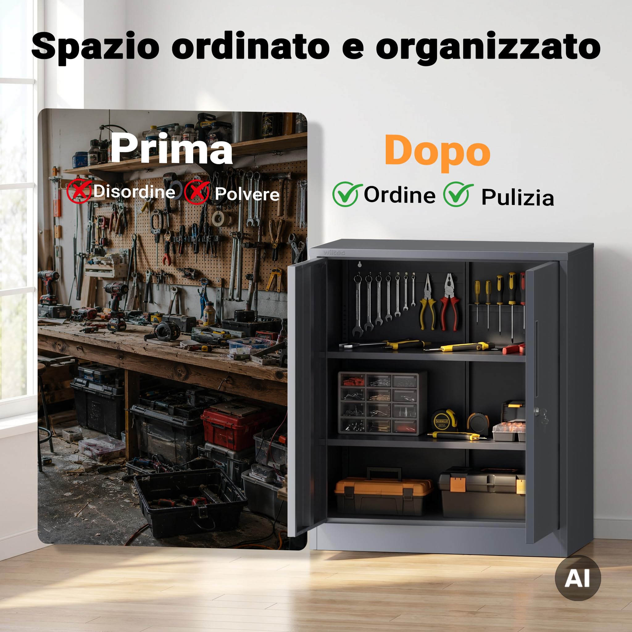 Wiltec Mobile per archivio in acciaio 80 x 40 x 92 cm antracite, armadio da ufficio in metallo con serratura e 2 ripiani, portadocumenti ufficio con portata di 50 kg per ripiano