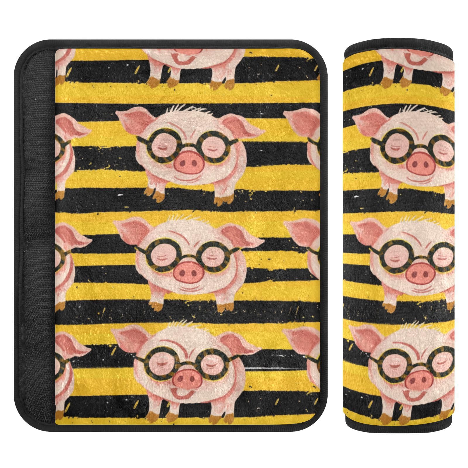 Seat Belt Covers 2 Pack Pink Piglets Glasses Car Seat Strap Covers Super Soft Yellow Stripes Car Seat Neck Cover for Boys Girls Adults Babies M