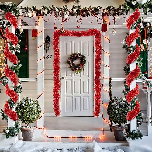 Miniatura 6 de Guirnaldas de oropel de Navidad de 39.6 pies, coloridas y brillantes, adornos clásicos de oropel metálico para fiesta del árbol de Navidad (rojo)