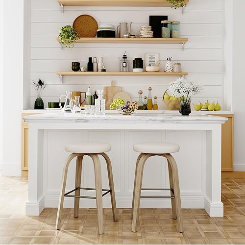 Bar Stools Set of 2, Counter Height Backless Bar Stools, 30" Swivel Barstools Kitchen Chair with Upholstered Fabric Seat, Beige