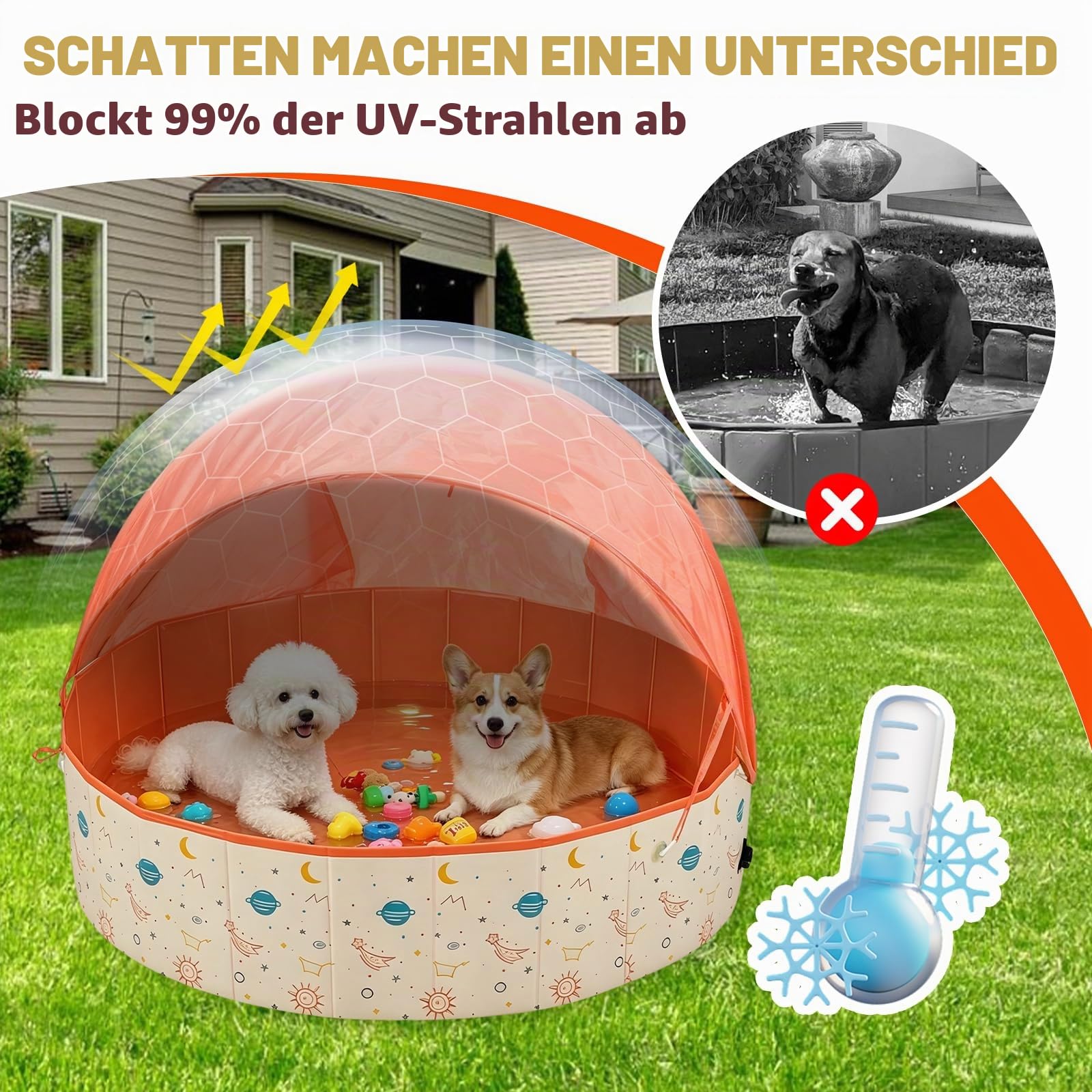 Hundepool Faltbar mit Sonnendach, 120x30cm Hundebadewanne mit Ablaufventil, rutschfeste Verdicktes PVC Planschbecken für Große Hund & Kinder, Tragbarer Hundeplanschbecken (Orange)