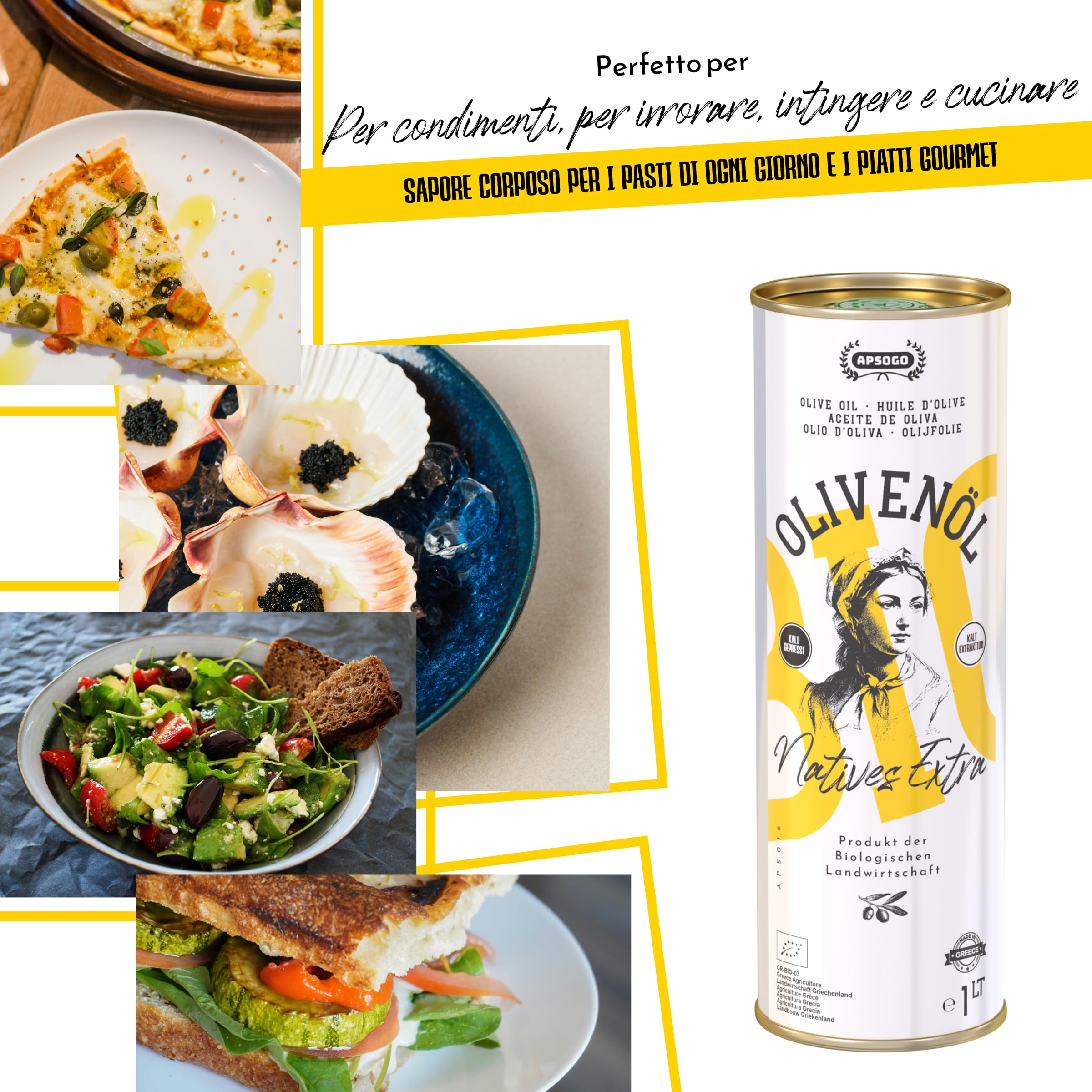 Apsogo Olio Extravergine di Oliva Biologico - EVOO Greco da Creta, 1L | Olio extravergine di oliva biologico da Creta, Grecia - spremuto a freddo, gusto fresco e fruttato con finale piccante.