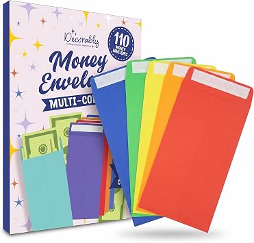 Decorably 110 Pack Colorful Money Envelopes for Cash, 6.5 x 3.5in with Self-Adhesive, 100GSM thick, Coins, Tip, Gift, Trinkets, Small Items, Banking, Business, Jewelry