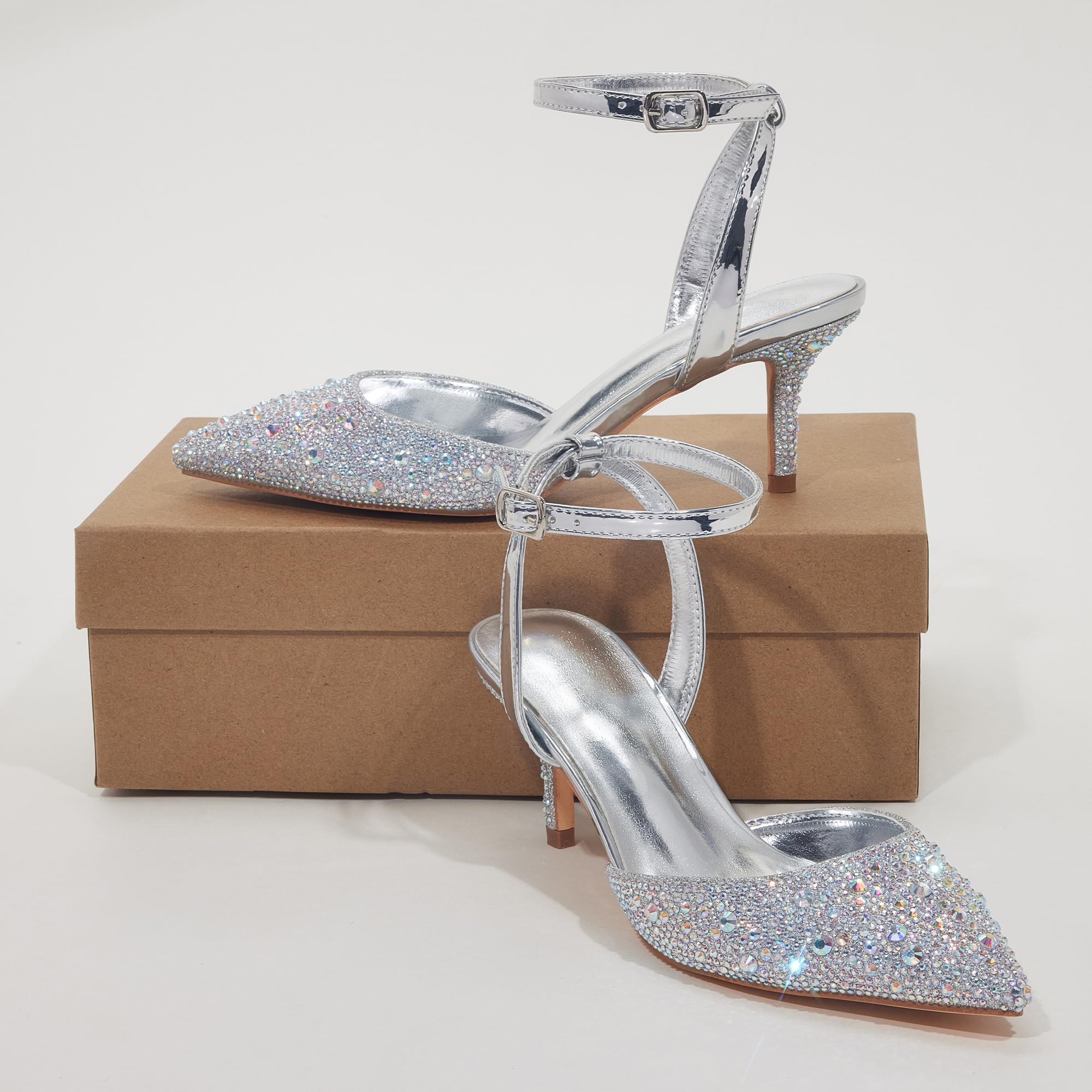 GENSHUO Scarpe col Tacco Alto con Strass da 6,5 ​​cm, Punta affilata con Cinturino alla Caviglia, Eleganti Scarpe da Cerimonia