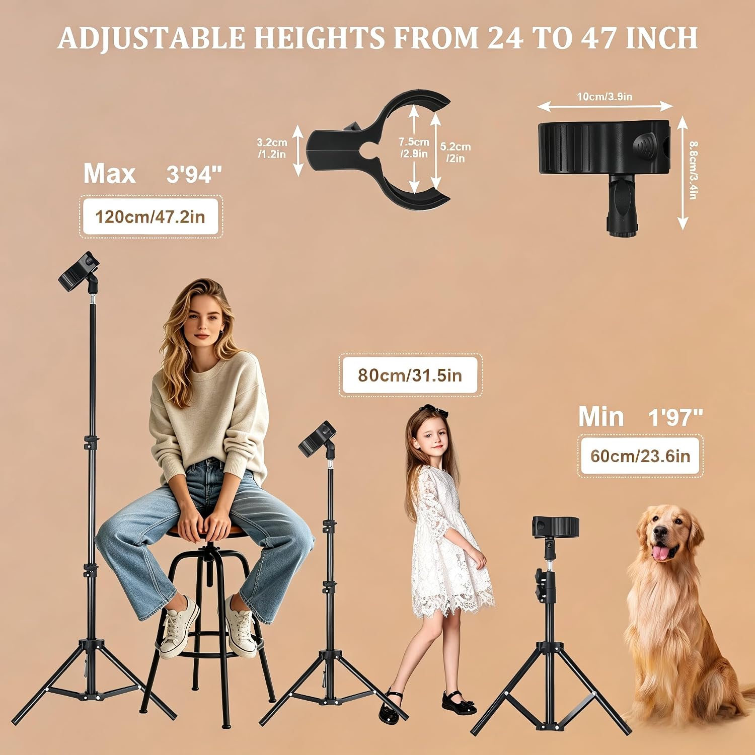 Hands Free Hair Dryer Stand with Tripod, 23.6-47.2 Inch Adjustable Height, 180° Rotating Universal Clip, Foldable Metal Blow Dryer Holder for Bathroom Vanity Makeup Room Home Styling & Pet Grooming, Fits Most Hair Dryers
