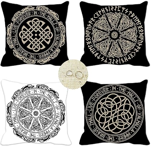 LY-190 - Juego de 4 fundas de almohada decorativas de amuleto vikingo de 26 x 26 pulgadas, fundas de almohada decorativas de lino negro y blanco