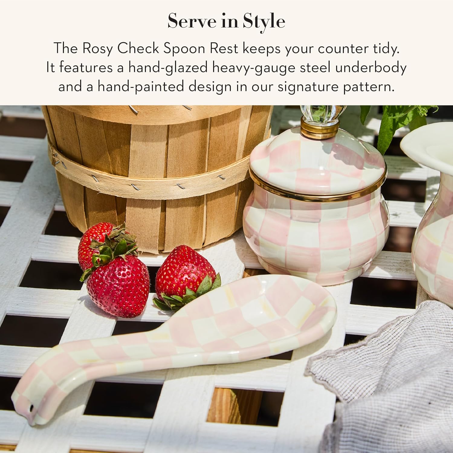 MACKENZIE-CHILDS Enamel Spoon Rest, Kitchen Spoon Holder and Utensil Rest for Stovetop, Pink-and-White Rosy Check