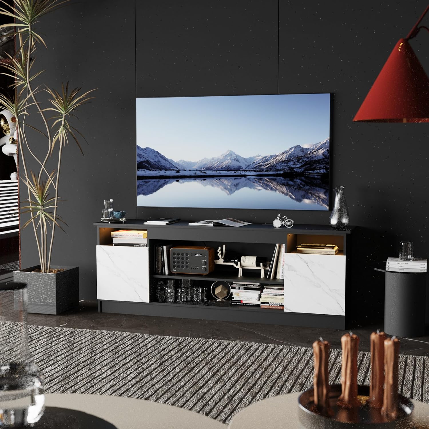 TV Stand with 36” Electric Fireplace for TVs up to 80”, Modern Entertainment Center with LED Lights, Charging Station & Birch Plywood Top (Black)
