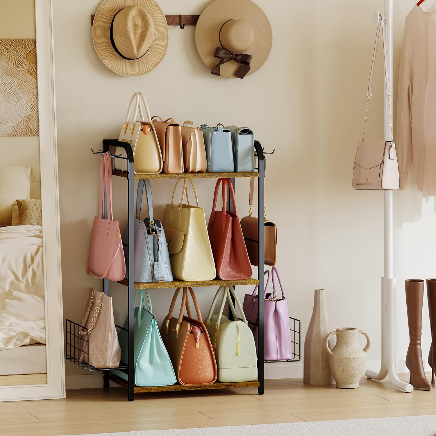 Iron & Wood Floor-Standing 3-Tier Purse Rack with Adjustable Feet, High-Capacity Bag Organizer for Closet, Patent Pending - Image 7