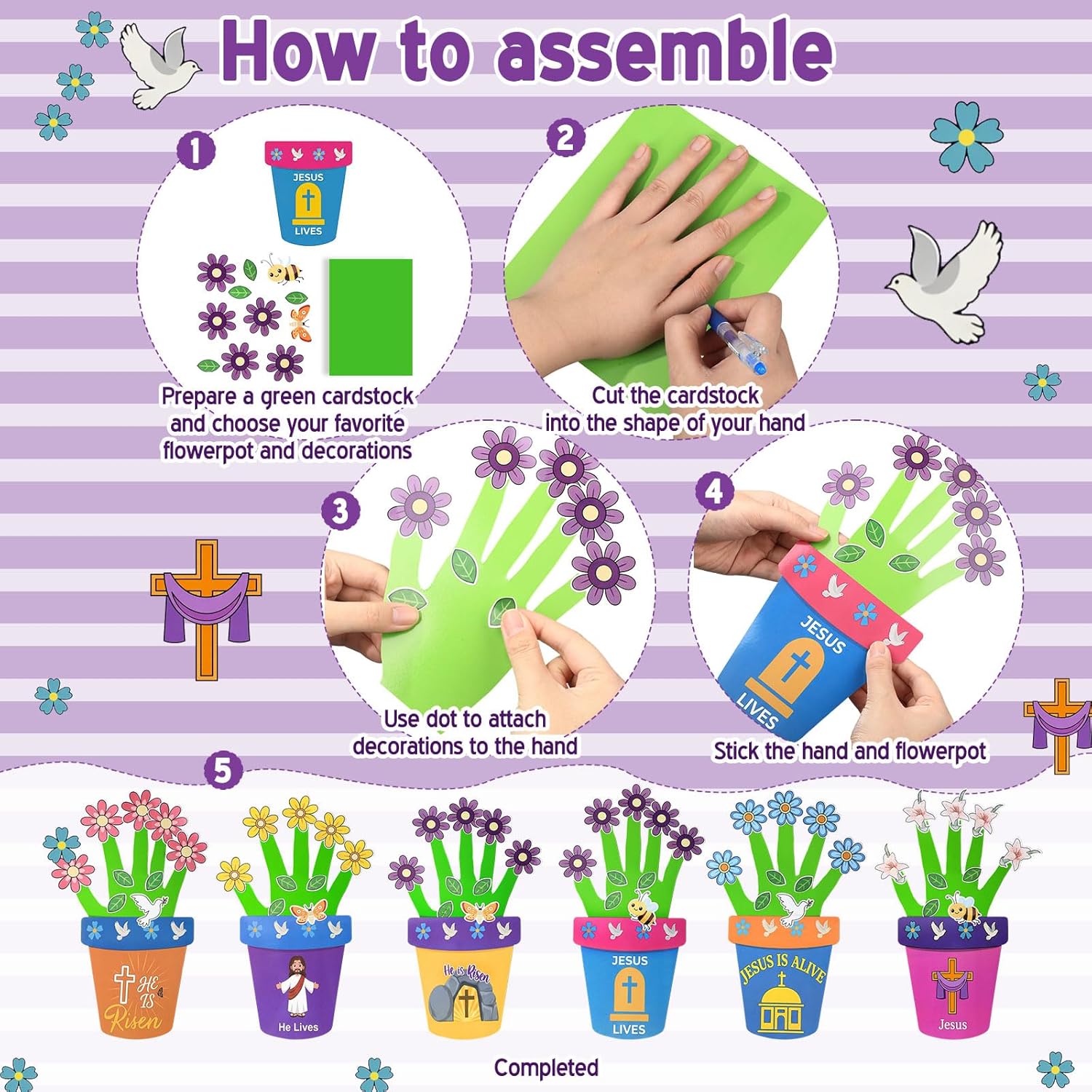 Pasimy 24 Sets Easter Religious Crafts Kit - Jesus He is Risen DIY Cards Stickers Christian Make Your Own Flower Pot DIY Arts for Spring Sunday School Faith Church Activities Party Supplies