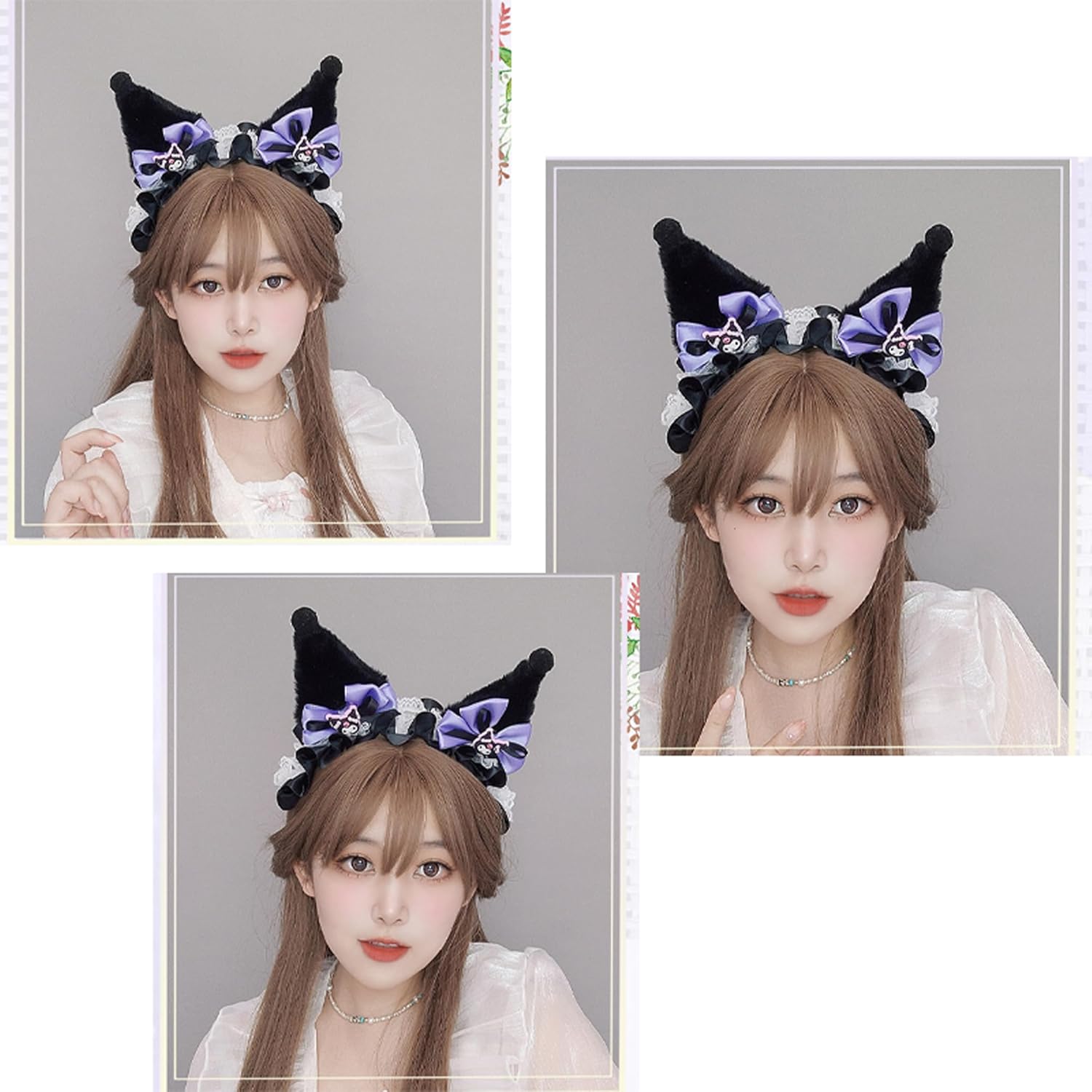 Roffatide Anime Kuromi Hairpin Ear Plush Hairband With Bows & Lace Ribbons Girls Kawaii Costume Halloween Christmas Holiday Party Birthday Gift Black