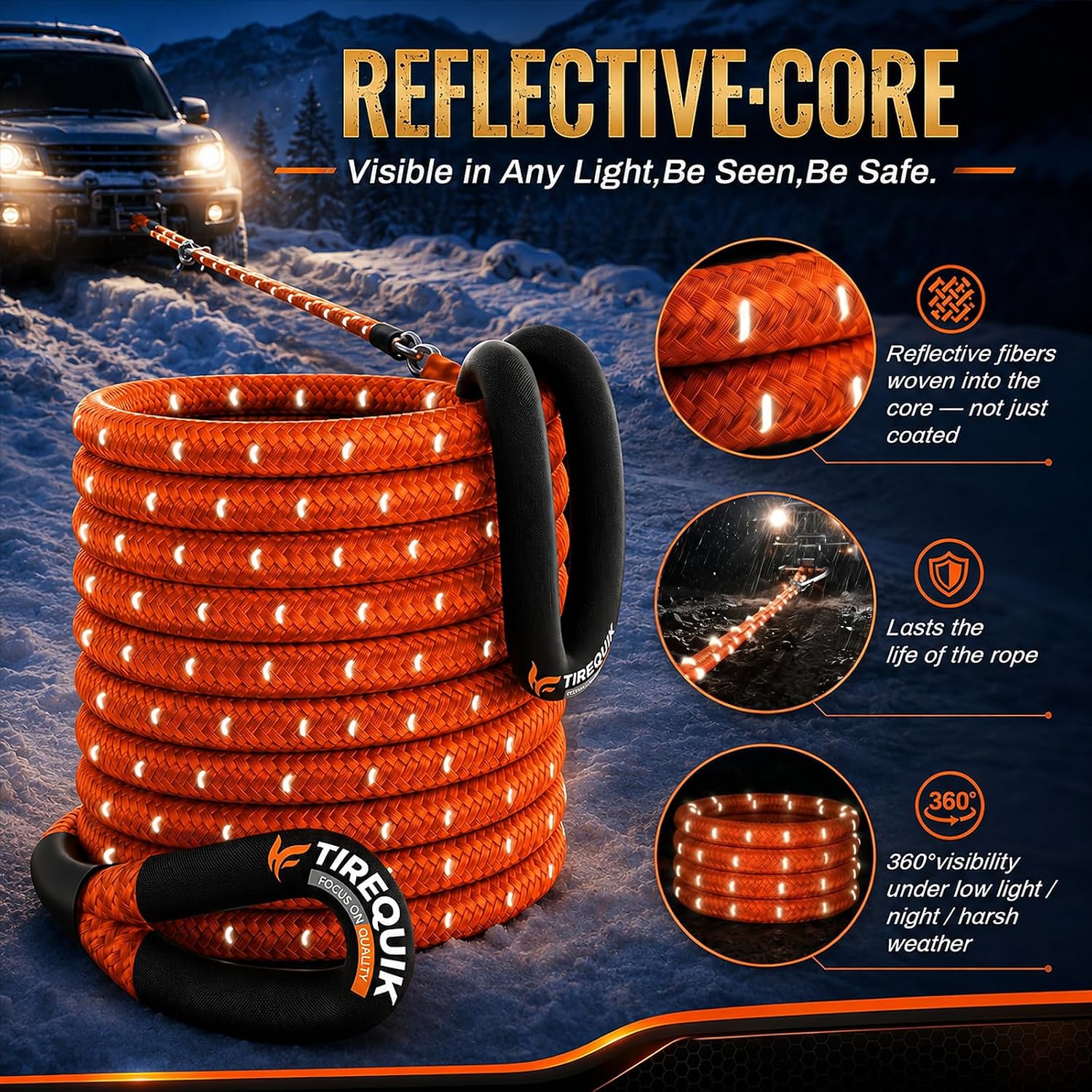 Kinetic Recovery Rope 1" x30ft (Reflective), Tow Strap with 2 Soft Shackles