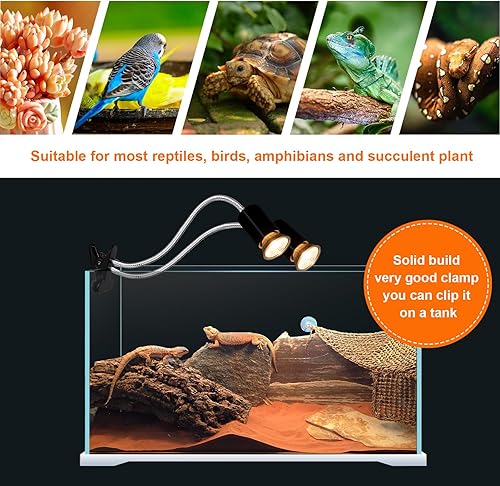 Miniatura 6 de Lámpara de calor para reptiles, temporizador de luz de reptil de doble cabeza, luz de reptil UVA UVB con abrazadera para tortuga, leopardo gecko,