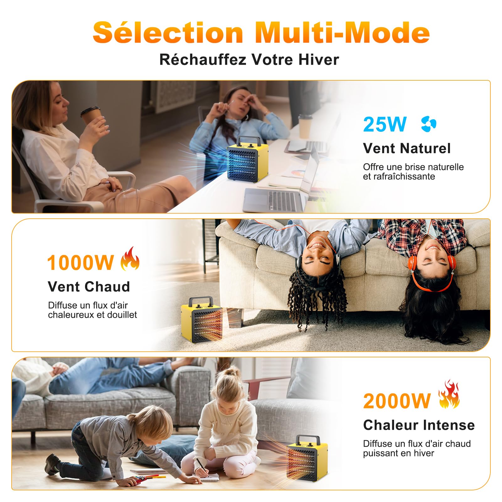 Radiateur électrique 2000W - Céramique - Chauffage Soufflant - Mini Chauffage d'appoint - Chauffe Rapide & Économie d'Énergie - Conception compacte pour bureau - Jaune