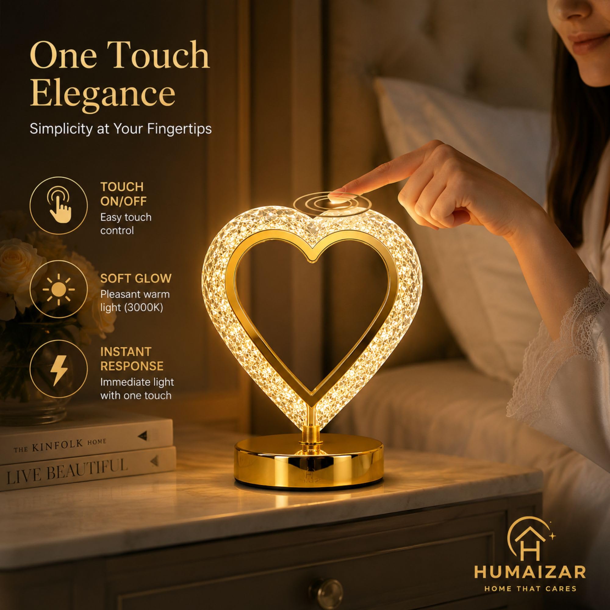 HUMAIZAR Heart Crystal Rechargeable LED Table Lamp, USB Type-C Charging, Touch Control, Warm White LED, Premium Gold Metal & Crystal Acrylic Night Light for Bedroom, Living Room, Home Decor & Gift 4