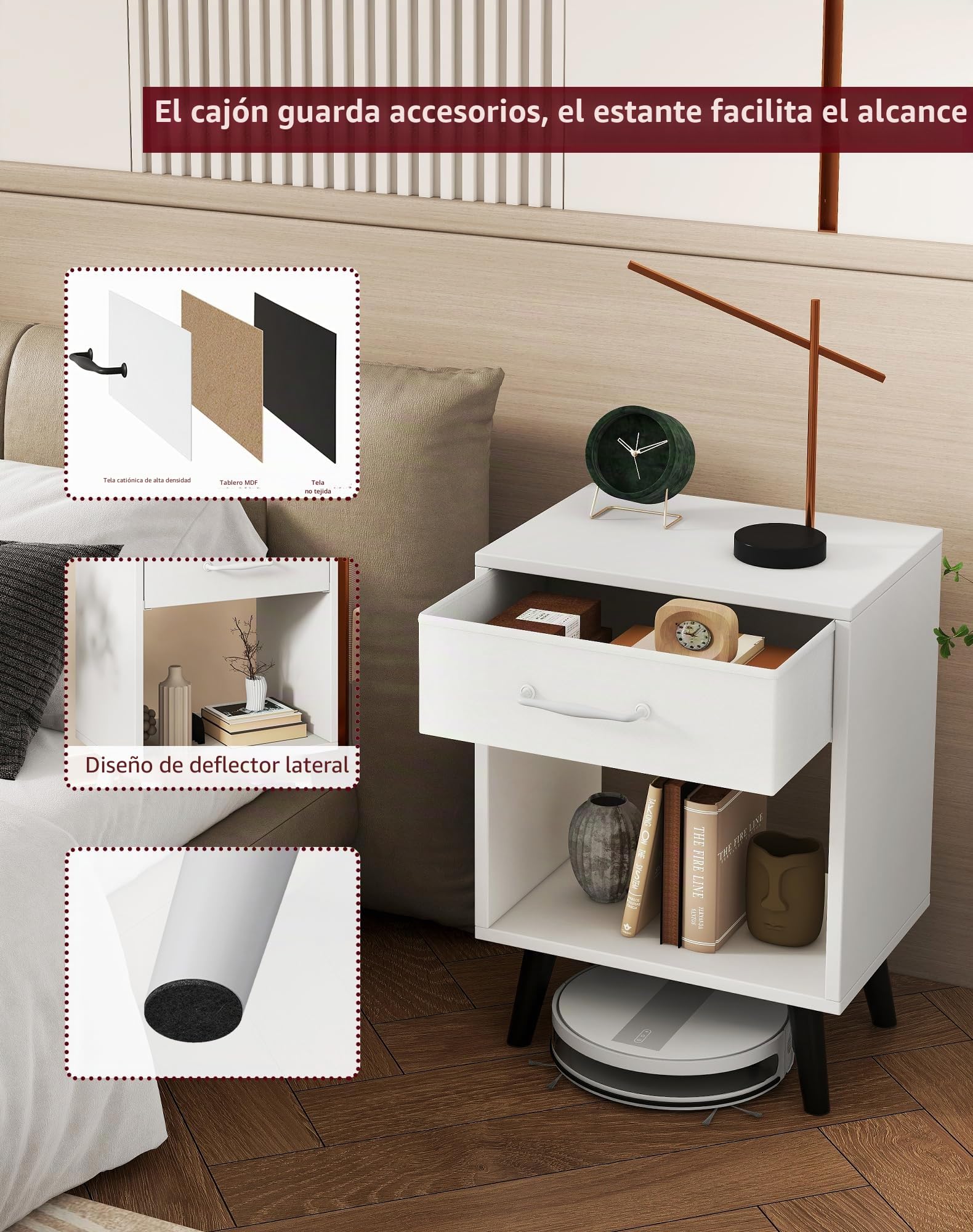 YMYNY Set de 2 Mesitas de Noche, Mesa Auxiliar de Salón, Cajón de Tela con Asa, Ripiano Abierto, Patas de Madera Maciza, Estilo Industrial Rétro, 39x29.5x59.5 cm, para Dormitorio, Blanco HST020W-2