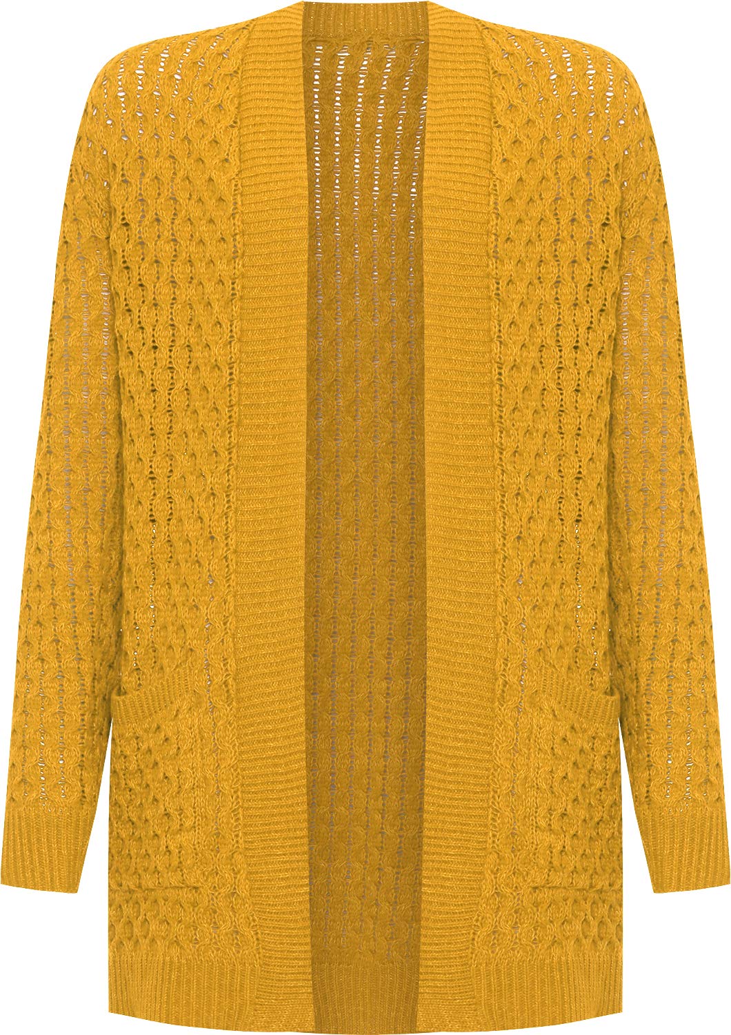 WearAll Women's Plus Cable Knitted Open Pocket Cardigan Chunky Long Sleeve Grandad - Mustard - 20-22