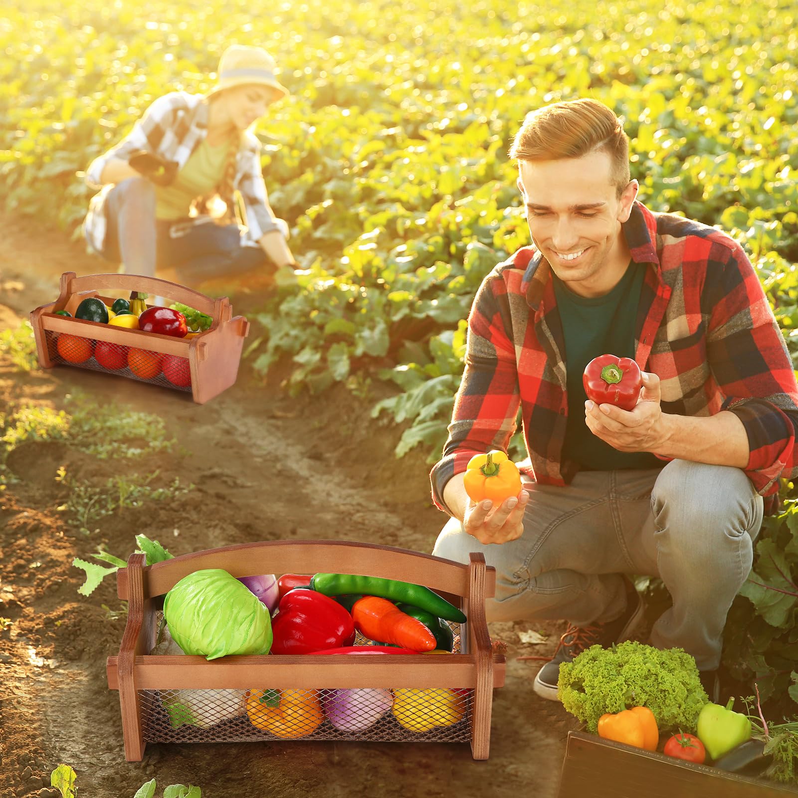Teenyyou Garten-Erntekorb, Netz-Aufbewahrung mit Griff, vielseitig, für Garten, Obst, Gemüse, Sammelkorb, Gartenbedarf, Gärtner, Geschenk zum Waschen (Braun, Mitte)