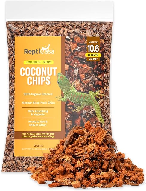ReptiCasa Organic Coconut Chips Substrate Clean & Ready to Use for Reptiles, Snake, Tortoise, and Amphibian, Natural Fiber Free Husks, Clean Breeding and Bedding Flooring, Odor Absorbing - 10.6 Quarts